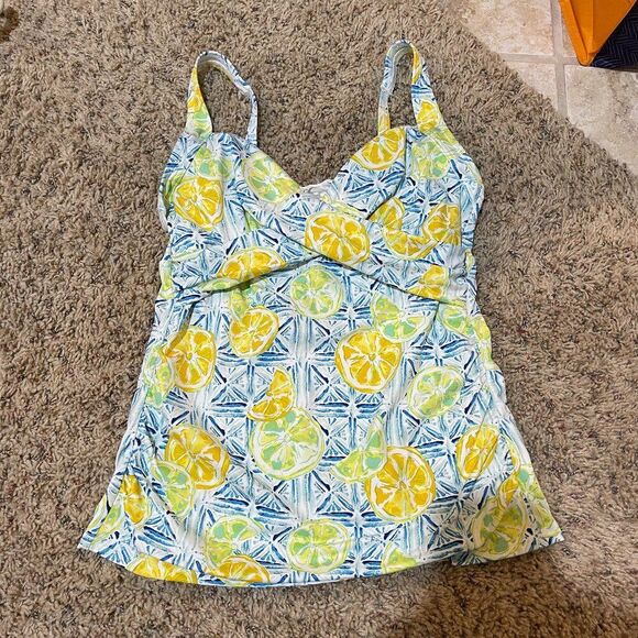 Lands End 4 Twist Front Underwire Tankini Skirt Bottoms Swimsuit Set Lemons Blue - Picture 4 of 13
